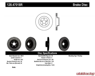 StopTech Sport Cross Drilled Brake Rotor Front Right for Honda Civic 128.47018R - 128.47018R
