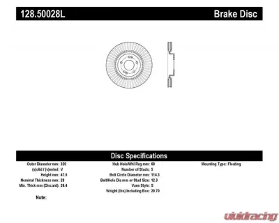 StopTech Sport Cross Drilled Brake Rotor Front Left, Black, 128.50028L - 128.50028L