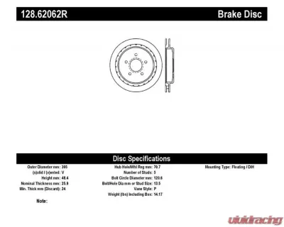 StopTech Sport Cross Drilled Brake Rotor Rear Right, Ford Mustang 2005-2014, Gray, 128.62062R - 128.62062R