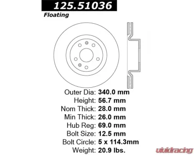 StopTech Premium High-Carbon Front Rotor for Hyundai Genesis Coupe 2010-2012 125.51036 - 125.51036