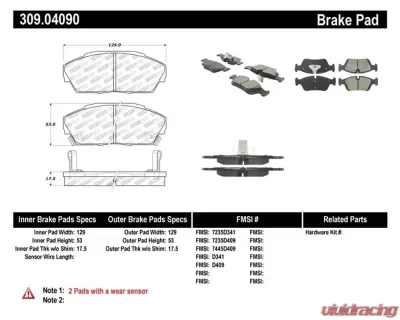 StopTech Brake Pads for Ford Mustang 2015-2023, Front, Ceramic, 309.0409 - 309.04090