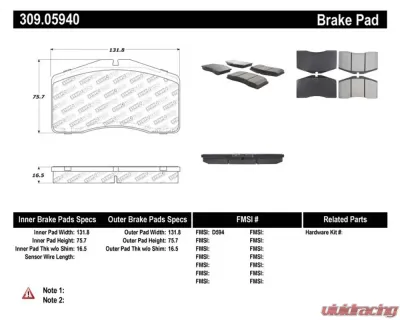 StopTech Brake Pads - Front, Ceramic, Red, Ford Mustang 2015-2023 - 309.0594 - 309.05940
