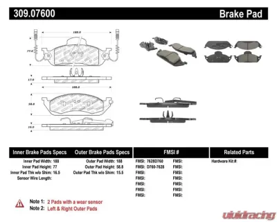 StopTech Brake Pad Set, Front, Red, for Ford Mustang 2015-2023, 309.076 - 309.07600