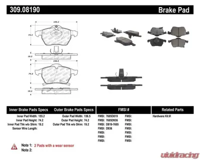 StopTech Brake Pads for Ford Mustang 2015-2023, Ceramic, Front, 309.0819 - 309.08190