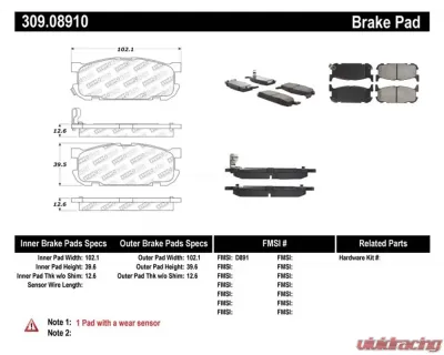 StopTech Brake Pads - Performance, Front, Red, Ford Mustang 2015-2021, 309.0891 - 309.08910