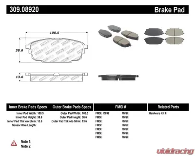 StopTech Performance Brake Pads for Honda Civic 2006-2011, Front, Red 309.0892 - 309.08920