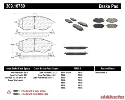 StopTech Brake Pads, Front, Ceramic, Black, Ford Mustang 2015-2023, 309.1078 - 309.10780