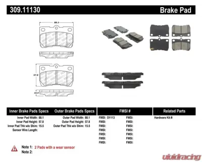 StopTech Brake Pads - Front, Ceramic, Red for Ford Mustang 2015-2021 309.1113 - 309.11130
