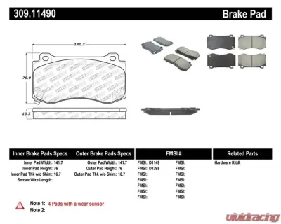 StopTech Brake Pads - Performance, Front, Red, for Ford Mustang 2015-2023 309.1149 - 309.11490