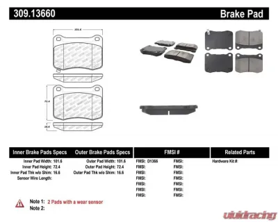 StopTech Brake Pads, Front, Red, for Honda Civic 2016-2021, 309.1366 - 309.13660