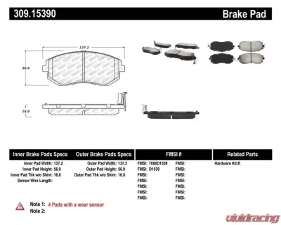 StopTech Brake Pads - Front, Performance, Red, Ford Mustang 2015-2023, 309.1539 - 309.15390