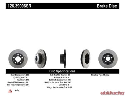 StopTech Slotted Sport Brake Rotor Front Right Volvo 2.3L 1975-1993 126.39006SR - 126.39006SR