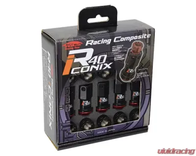 Project Kics R40 Iconix Black M12x P1.25 Lug Nut Set w/ Aluminum Black Cap 20 Pieces - RIA-03KK