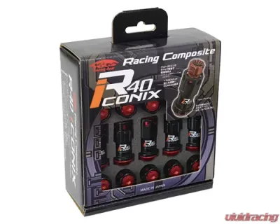 Project Kics R40 Iconix Black M12x1.25 Lock & Lug Nuts Set w/ Aluminum Red Cap - RIA-13KR