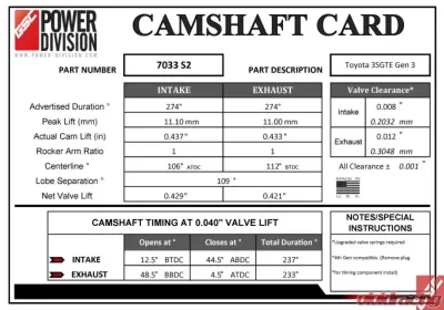 GSC Billet S2 Billet Camshafts 274/274 Toyota MR2 Gen 3 1999-2007 | 3S-GTE - 7033S2