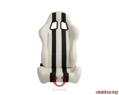 Cipher Auto White w/ Black Stripes Synthetic Leather Racing Seats - Pair - CPA1026PWH-BK