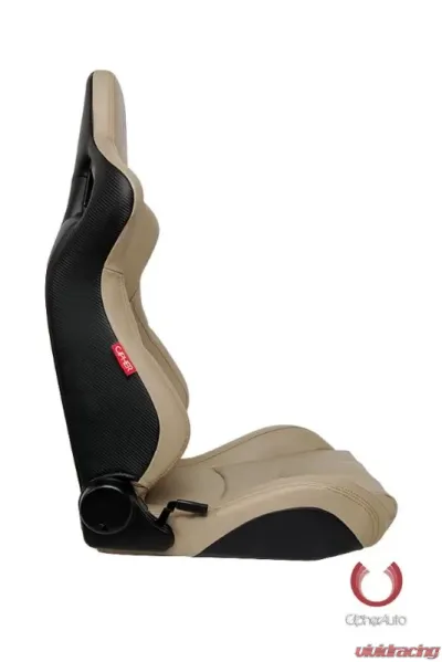 Cipher Auto Beige PU Leather Carbon Fiber w/ Gold Stitches Euro Racing Seats - Pair - CPA2001PCFBG-GD