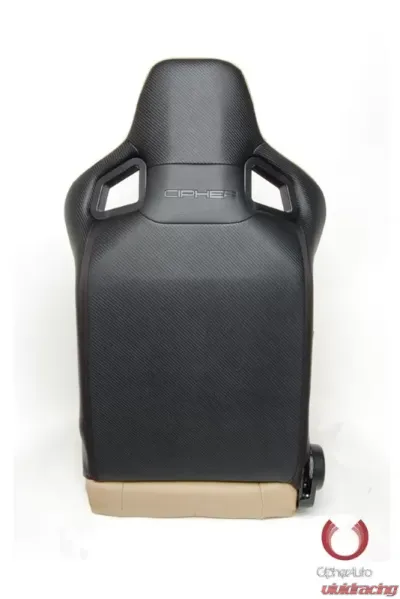 Cipher Auto Beige PU Leather Carbon Fiber w/ Gold Stitches Euro Racing Seats - Pair - CPA2001PCFBG-GD
