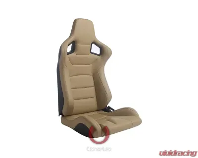 Cipher Auto Beige PU Leather Carbon Fiber w/ Brown Stitches Euro Racing Seats - Pair - CPA2001PCFBG
