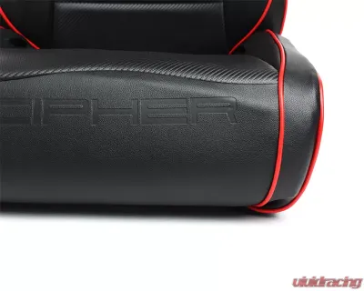 Cipher Auto Black Leather Carbon Fiber PU w/ Red Piping Universal Reclineable Suspension|Jeep Seats - Pair - CPA3002PBK-R