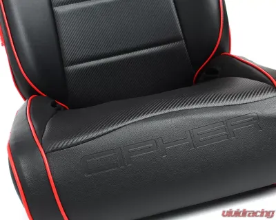 Cipher Auto Black Leather Carbon Fiber PU w/ Red Piping Universal Reclineable Suspension|Jeep Seats - Pair - CPA3002PBK-R