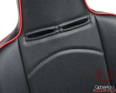 Cipher Auto Black Leather Carbon Fiber PU w/ Red Piping Universal Reclineable Suspension|Jeep Seats - Pair - CPA3002PBK-R