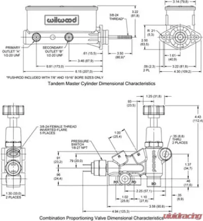 Wilwood Aluminum Tandem M/C Kit with Bracket and Valve - 261-13271