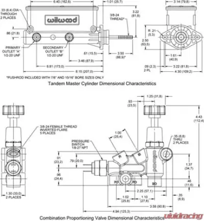 Wilwood Aluminum Tandem M/C w/Bracket and Valve (Mustang) - 261-14158-BK